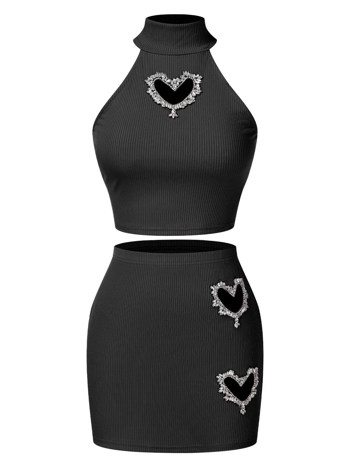 2PCS 1960s Solid Knitted Heart Hollow Top & Skirt - Image 5