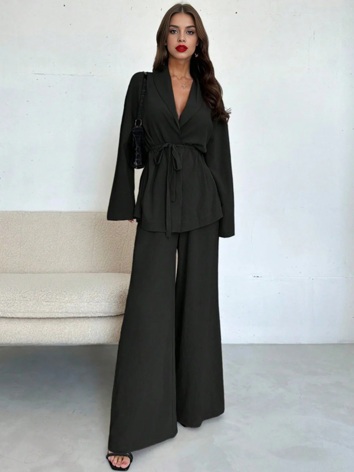 2PCS 1960s Solid Lace-Up Blazer & Pants Set - Image 3