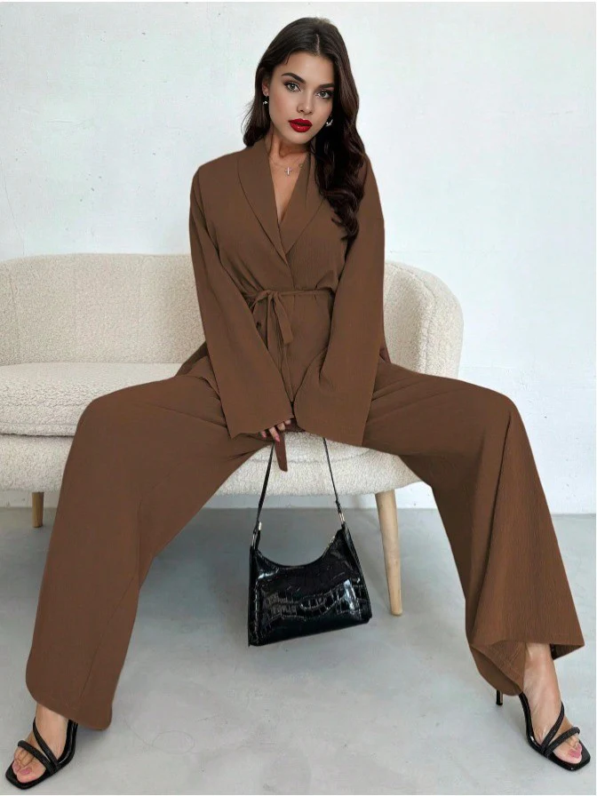 2PCS 1960s Solid Lace-Up Blazer & Pants Set - Image 8