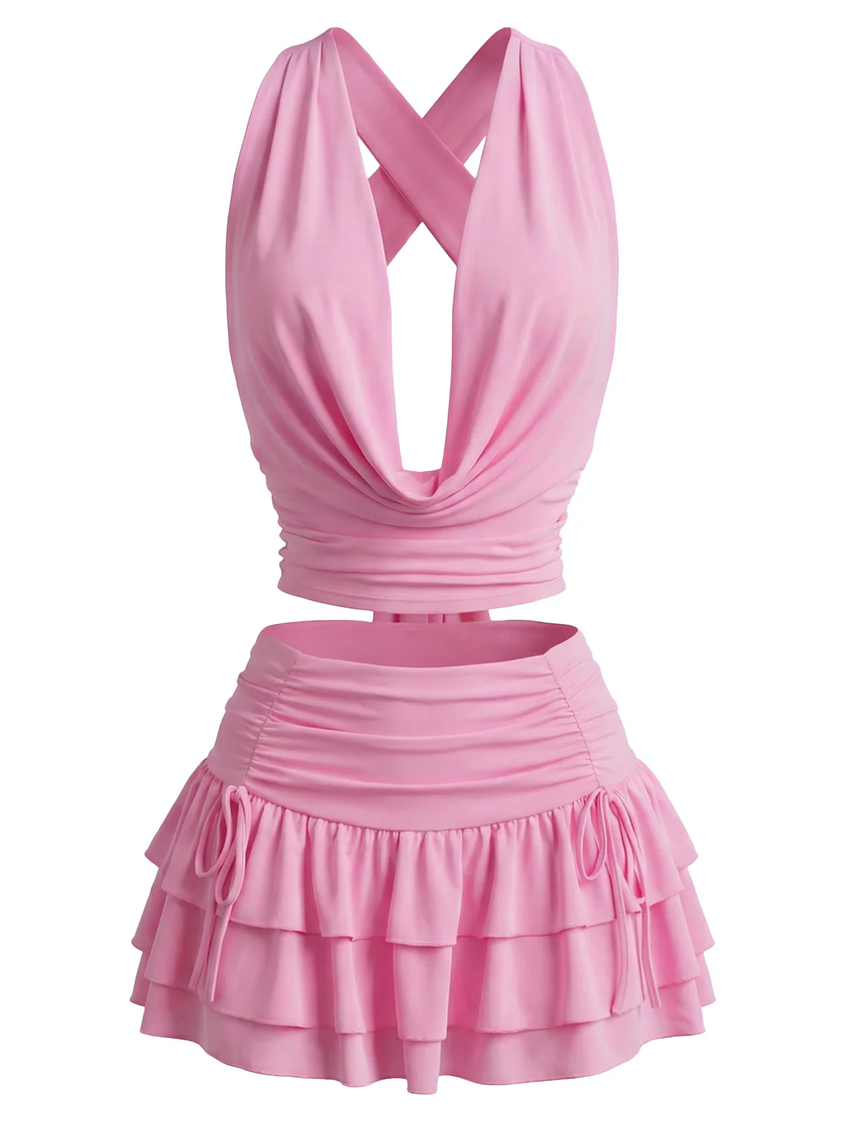 2PCS 1960s Solid Ruffled Crop Cowl Top & Mini Skirt - Image 2