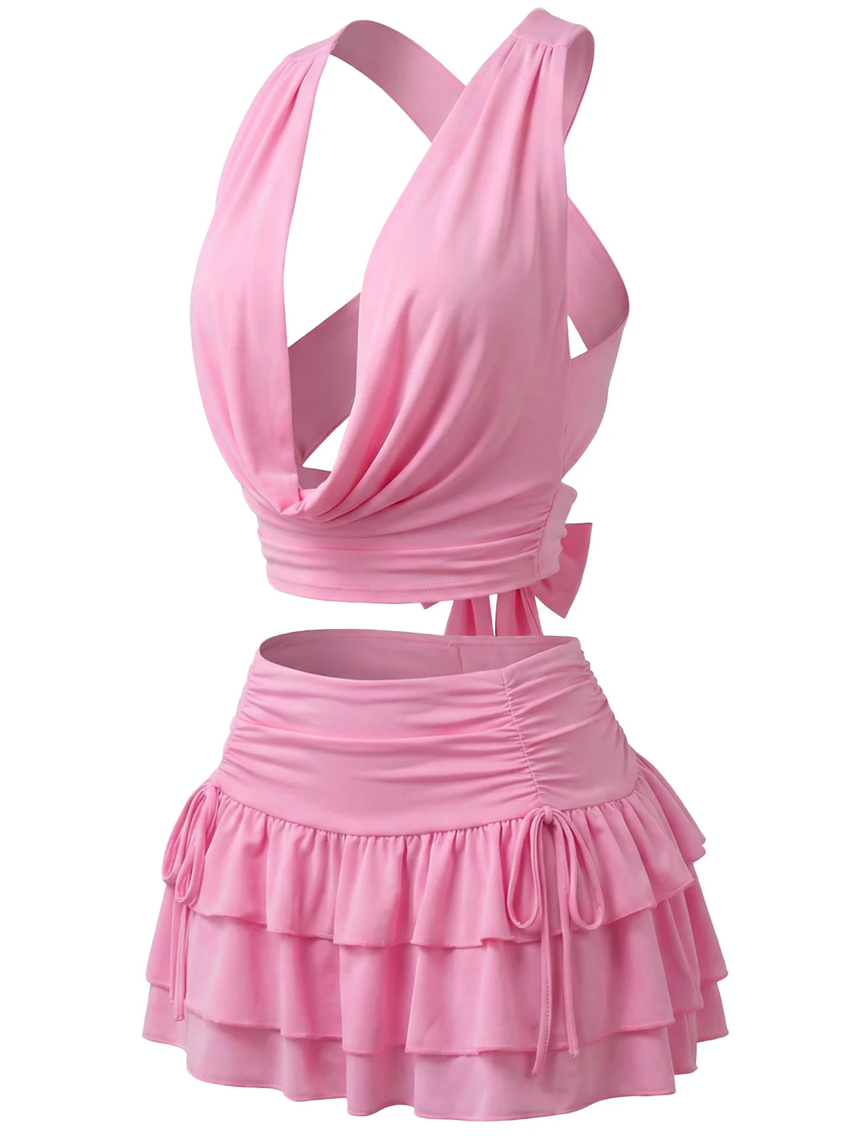 2PCS 1960s Solid Ruffled Crop Cowl Top & Mini Skirt - Image 3