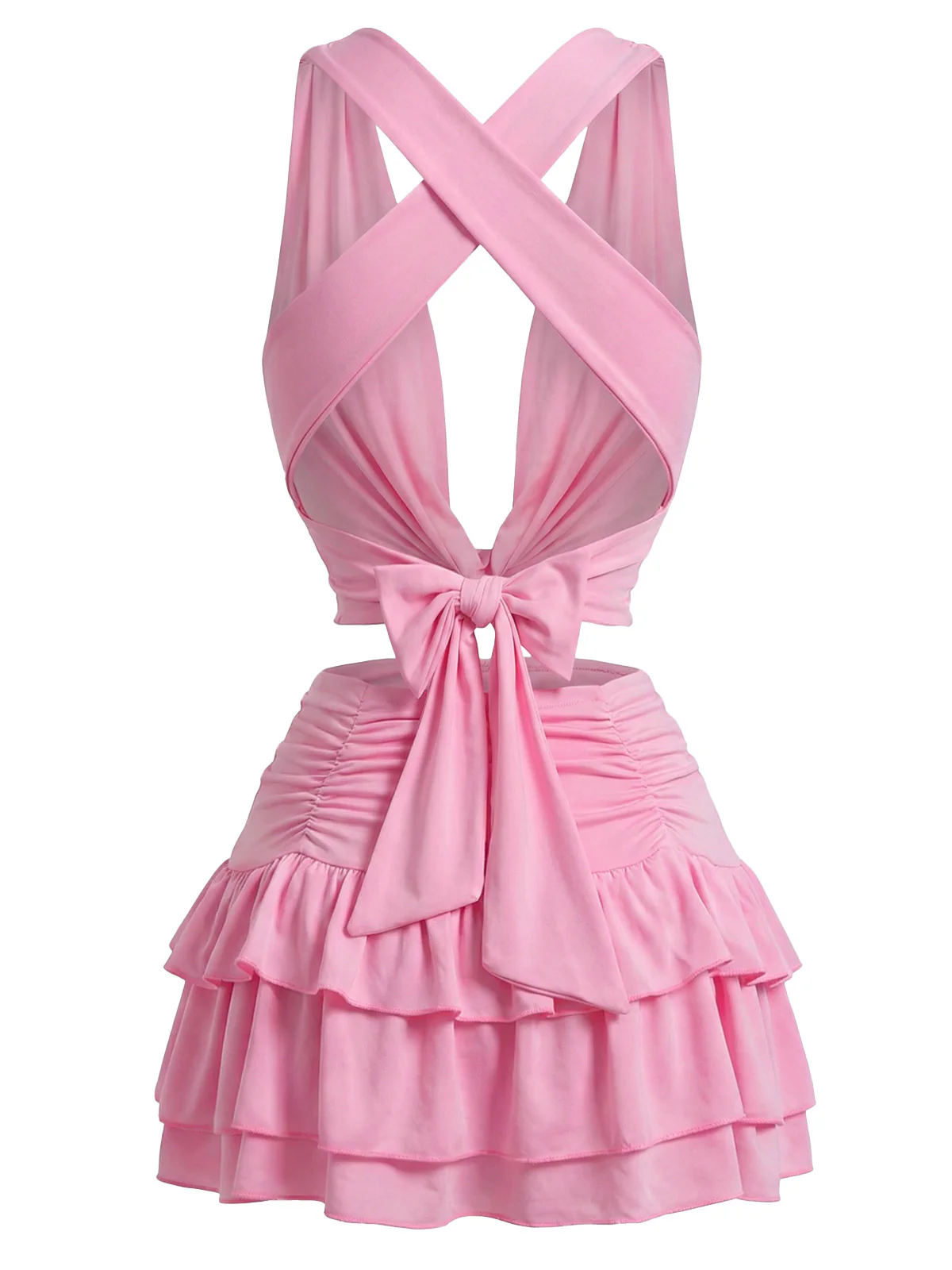 2PCS 1960s Solid Ruffled Crop Cowl Top & Mini Skirt - Image 4