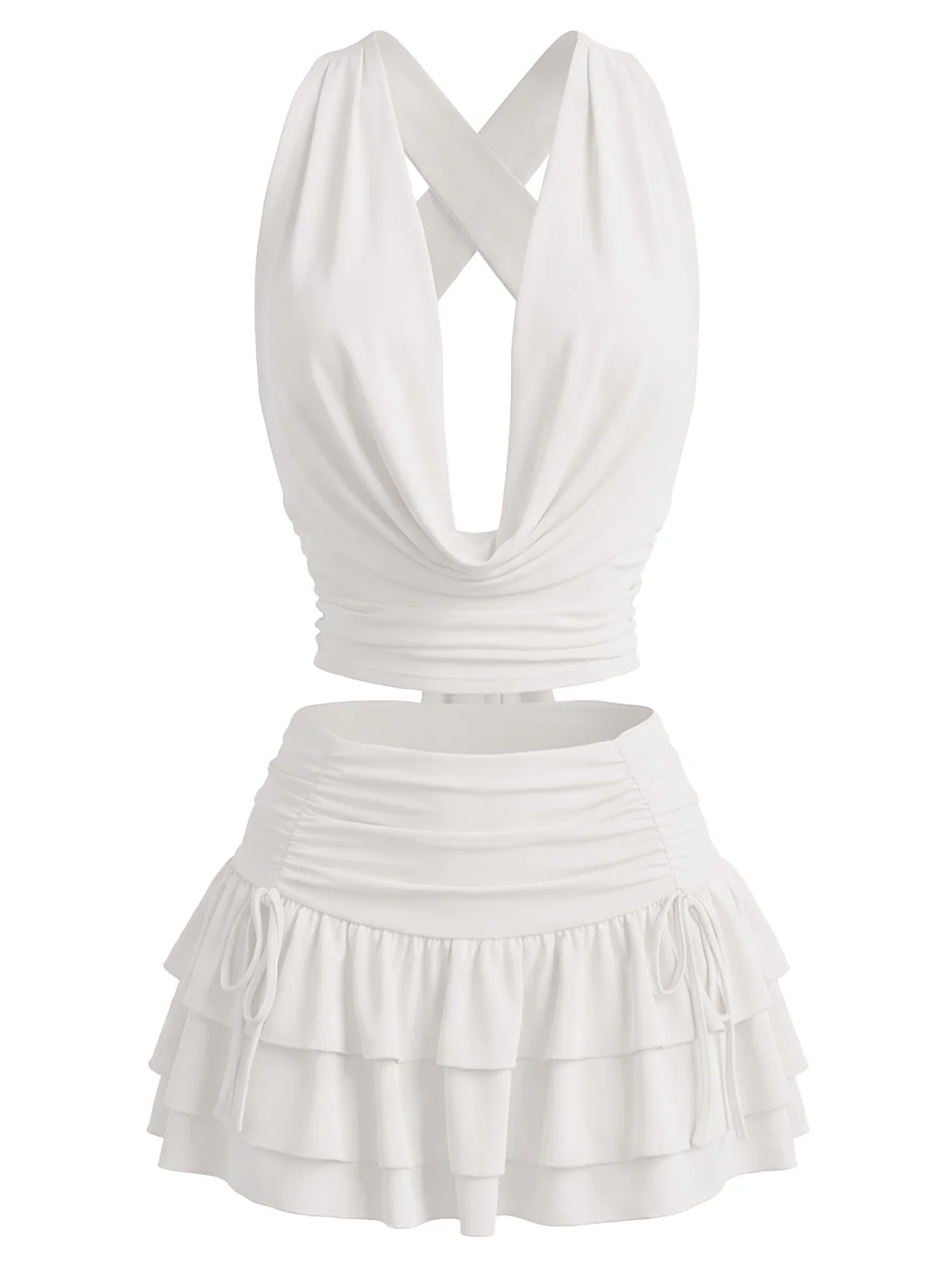2PCS 1960s Solid Ruffled Crop Cowl Top & Mini Skirt - Image 6
