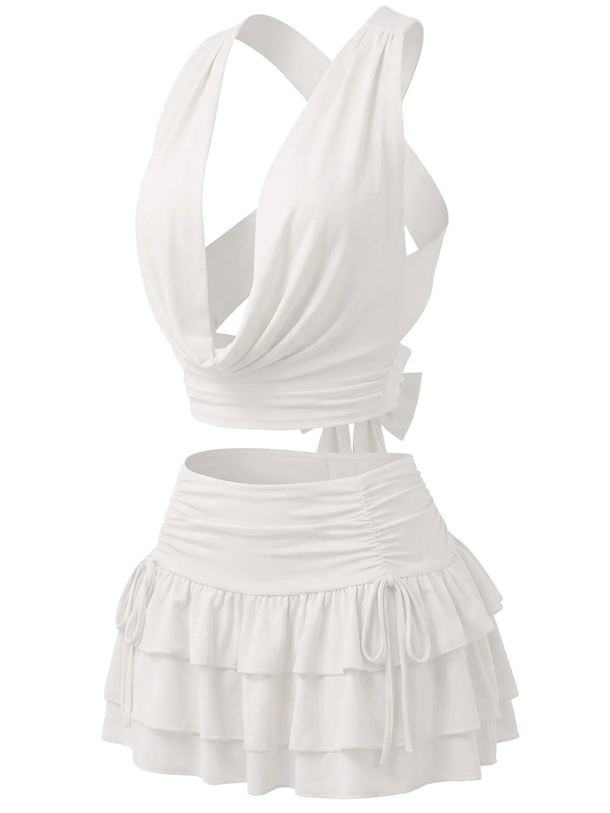 2PCS 1960s Solid Ruffled Crop Cowl Top & Mini Skirt - Image 7