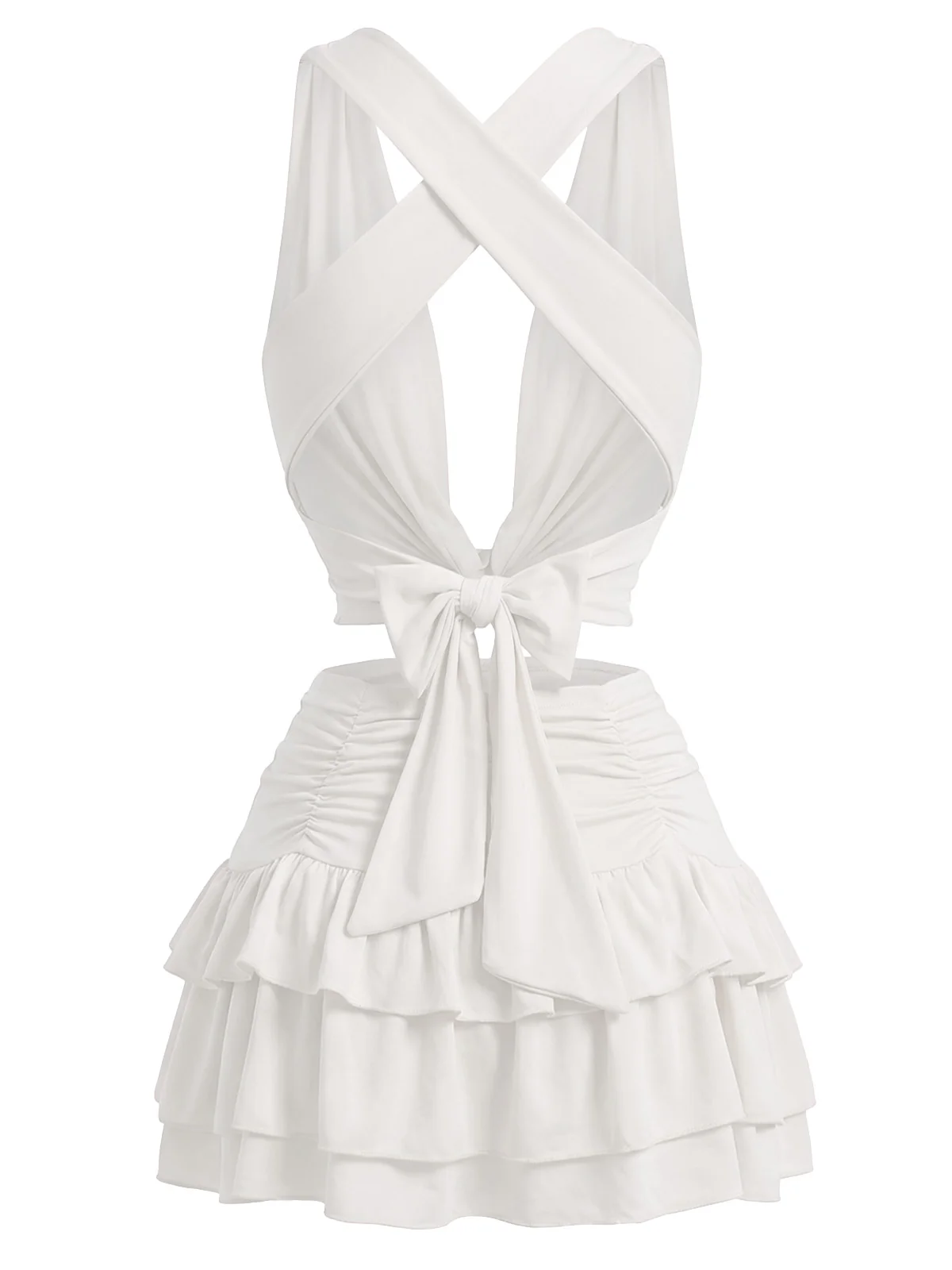 2PCS 1960s Solid Ruffled Crop Cowl Top & Mini Skirt - Image 8