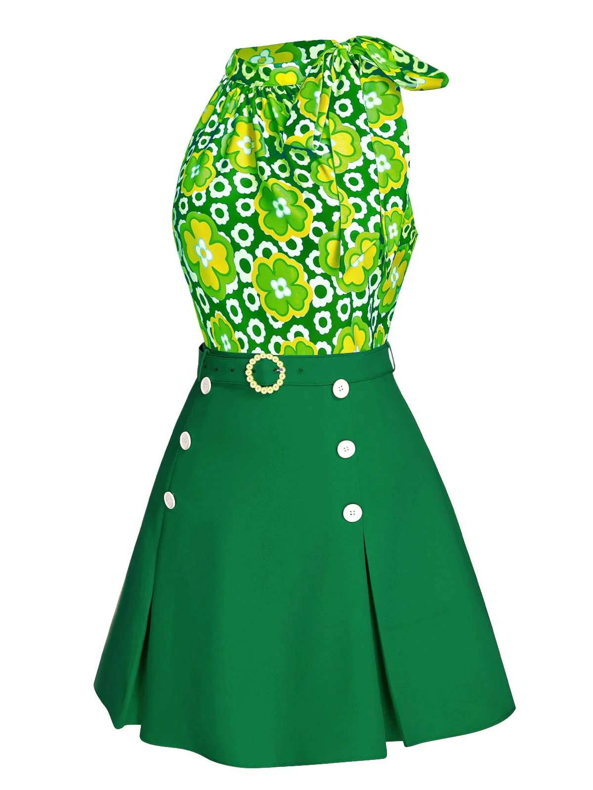 2PCS 1960s Tie Neck Floral Top & Button Solid Skirt - Image 14