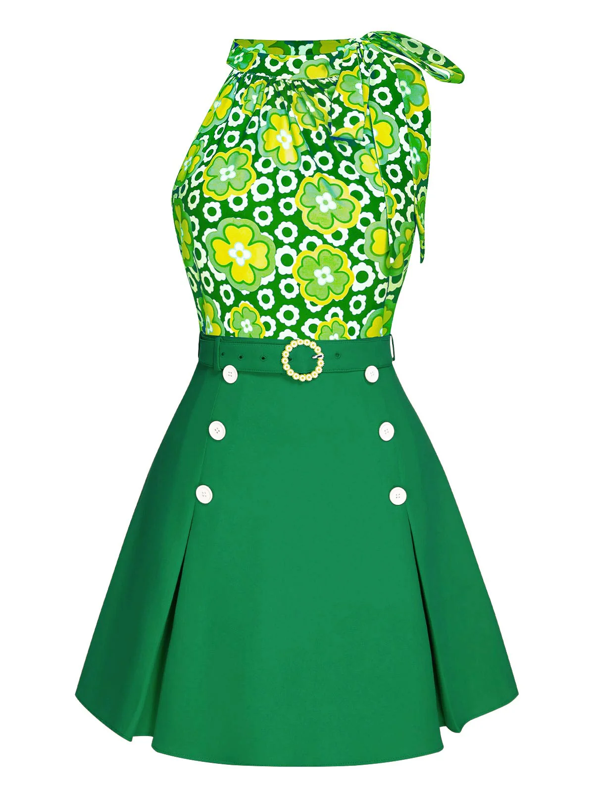 2PCS 1960s Tie Neck Floral Top & Button Solid Skirt - Image 2