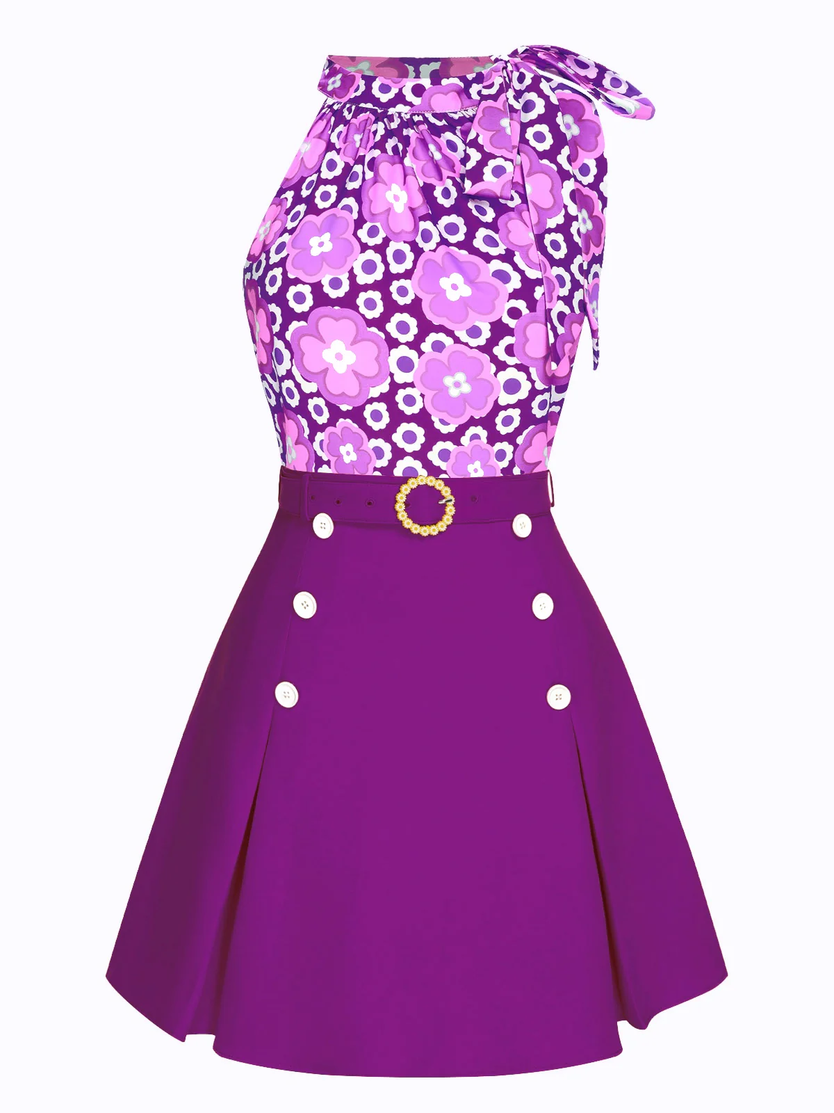 2PCS 1960s Tie Neck Floral Top & Button Solid Skirt - Image 10