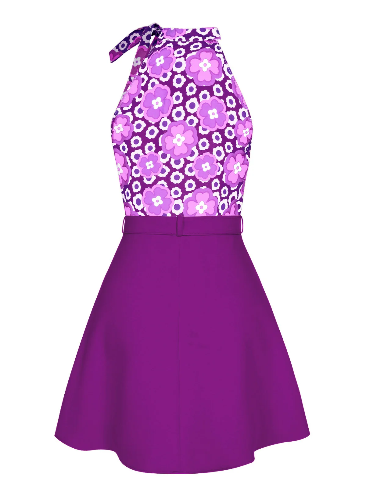 2PCS 1960s Tie Neck Floral Top & Button Solid Skirt - Image 11