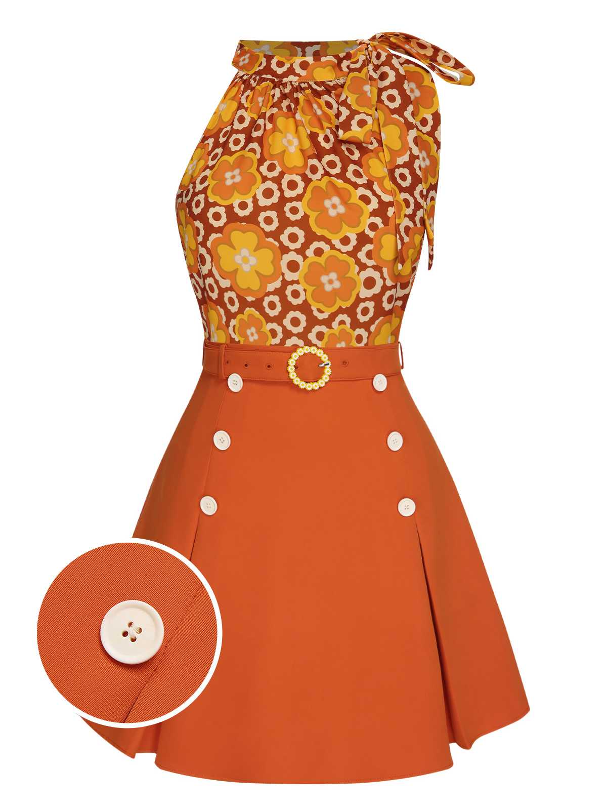 2PCS 1960s Tie Neck Floral Top & Button Solid Skirt - Image 2