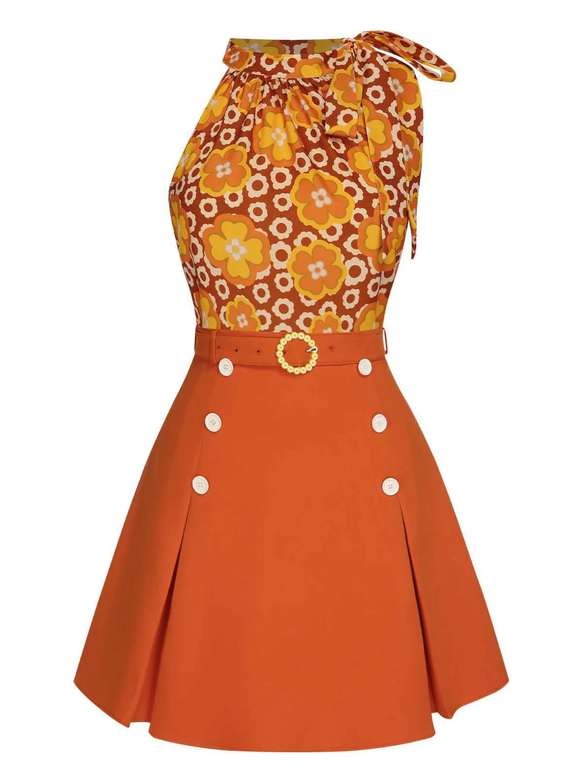 2PCS 1960s Tie Neck Floral Top & Button Solid Skirt - Image 3