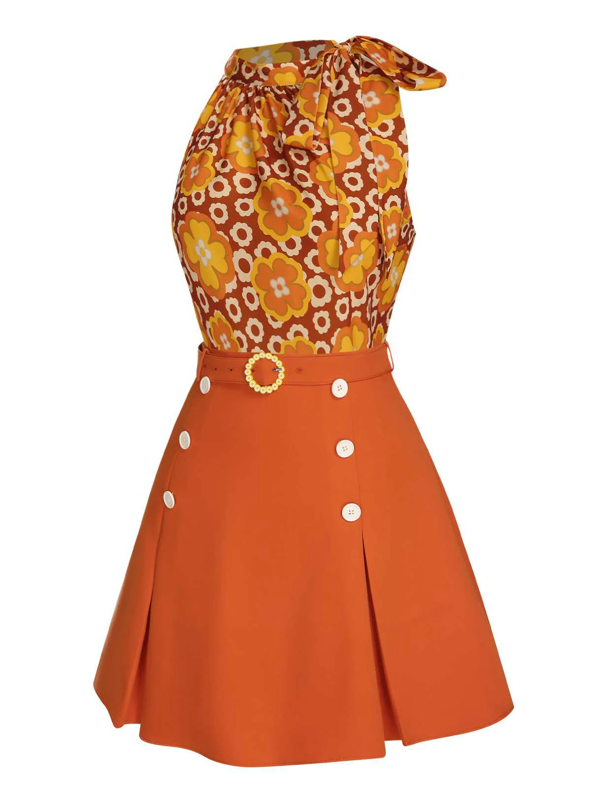 2PCS 1960s Tie Neck Floral Top & Button Solid Skirt - Image 4