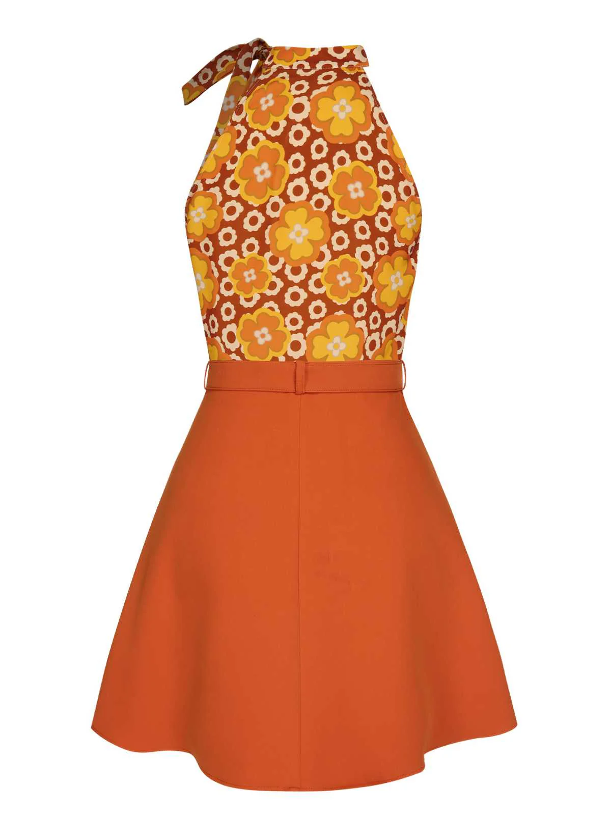 2PCS 1960s Tie Neck Floral Top & Button Solid Skirt - Image 5