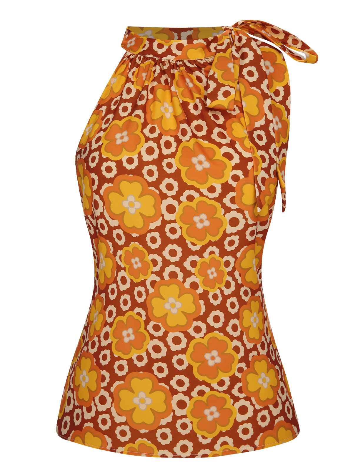 2PCS 1960s Tie Neck Floral Top & Button Solid Skirt - Image 6