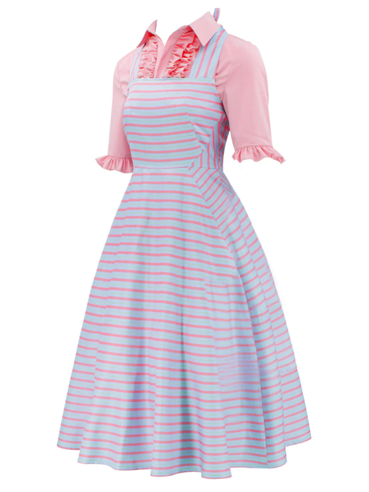 2PCS 1960s Wicked Solid Blouse & Irregular Stripes Dress - Image 2
