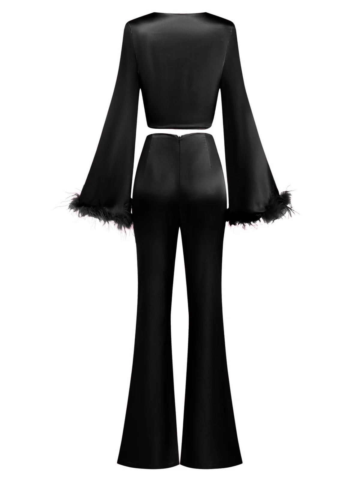 2PCS 1970s Feather Cuff Tie-Up Crop Top & Slit Pants - Image 10