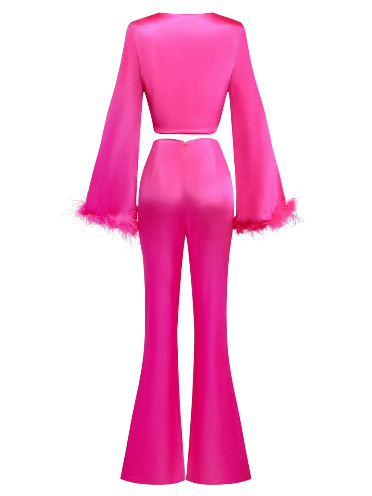 2PCS 1970s Feather Cuff Tie-Up Crop Top & Slit Pants - Image 2