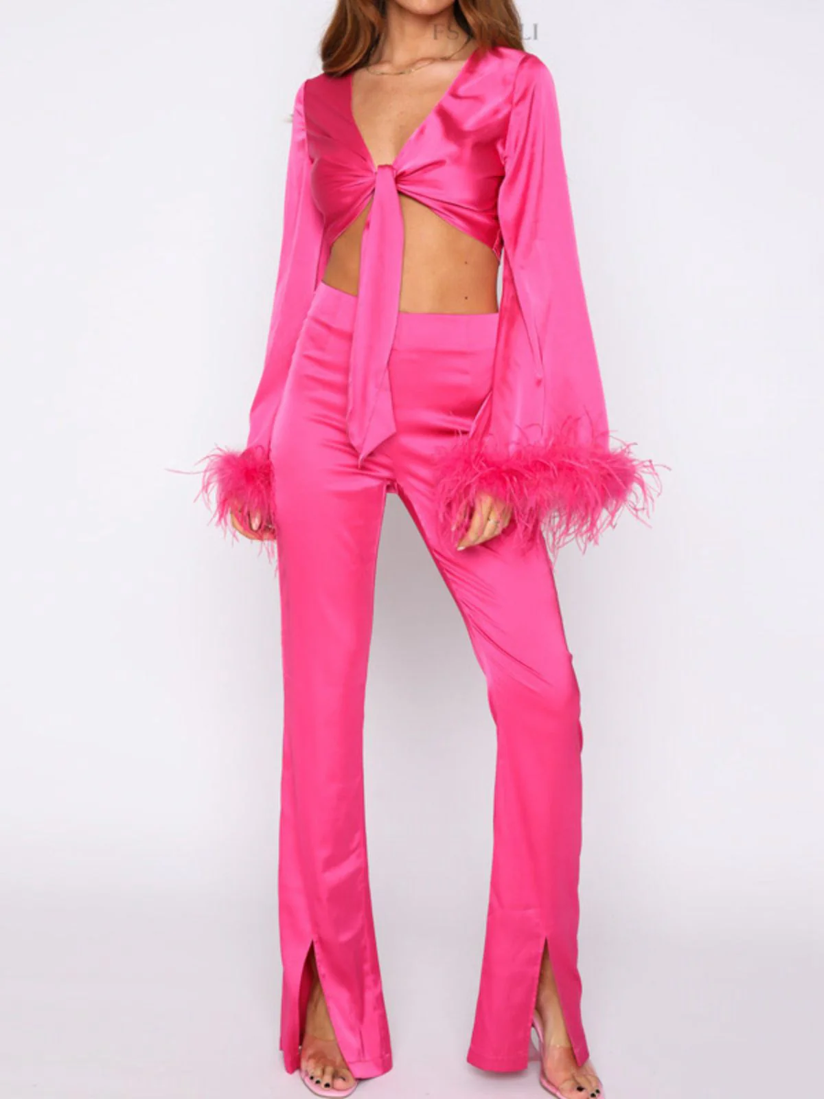 2PCS 1970s Feather Cuff Tie-Up Crop Top & Slit Pants - Image 5