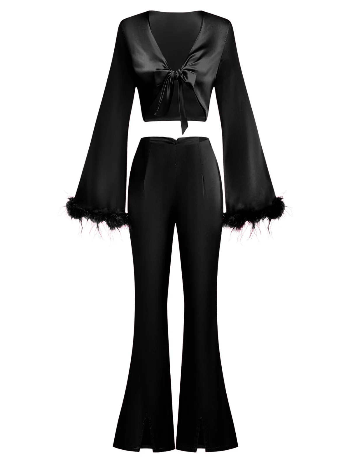 2PCS 1970s Feather Cuff Tie-Up Crop Top & Slit Pants - Image 9