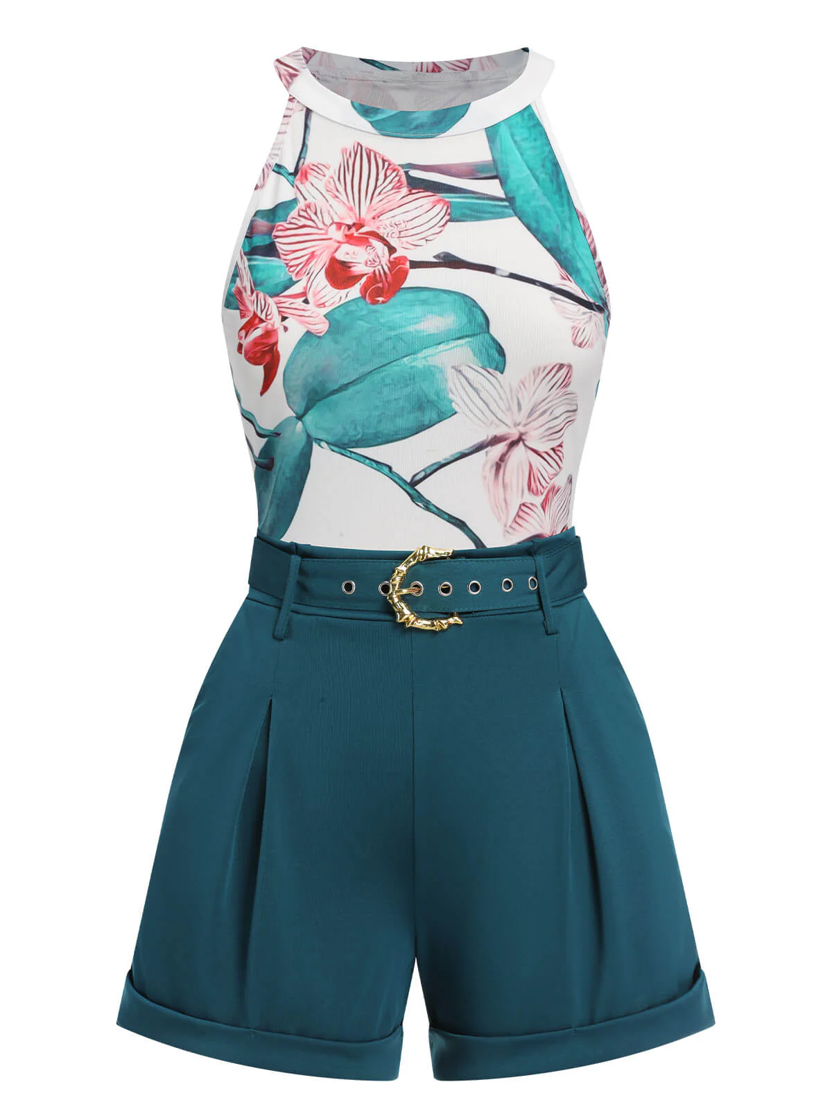 2PCS 1970s Floral Crewl Halter Top & Shorts With Belt - Image 2