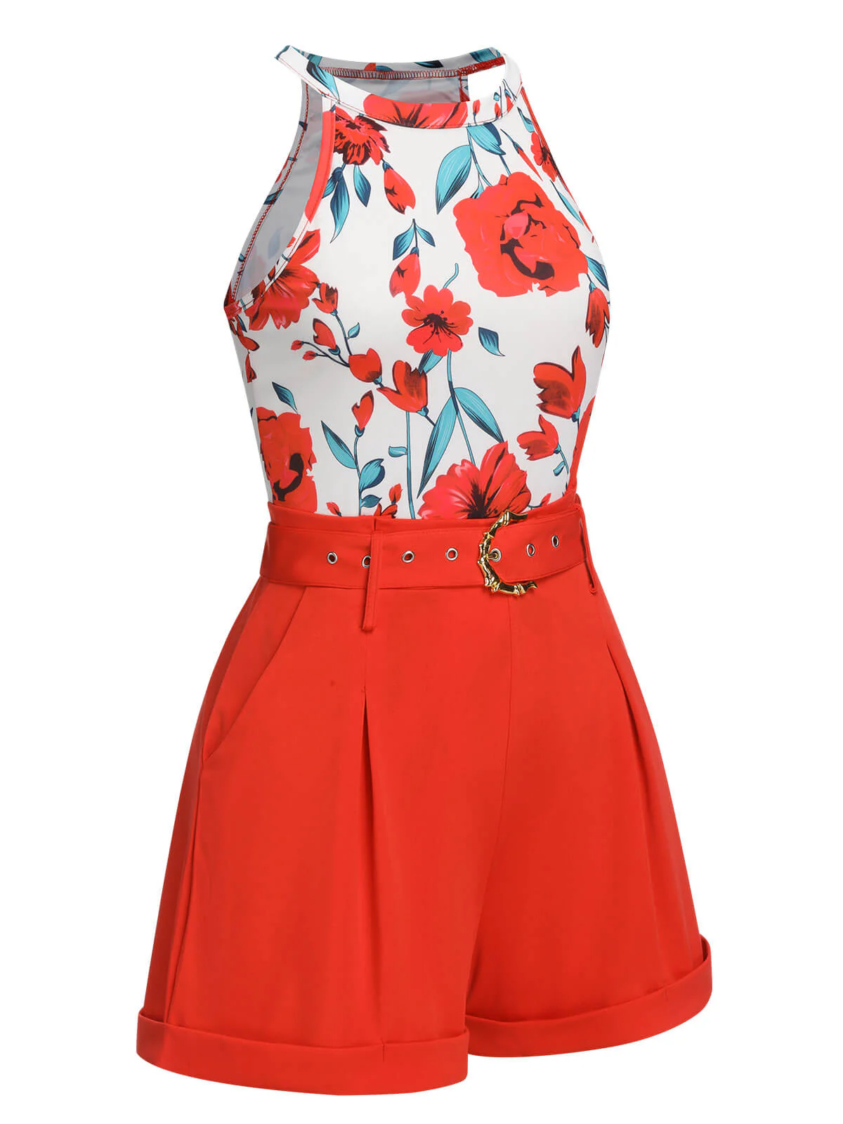 2PCS 1970s Floral Crewl Halter Top & Shorts With Belt - Image 3