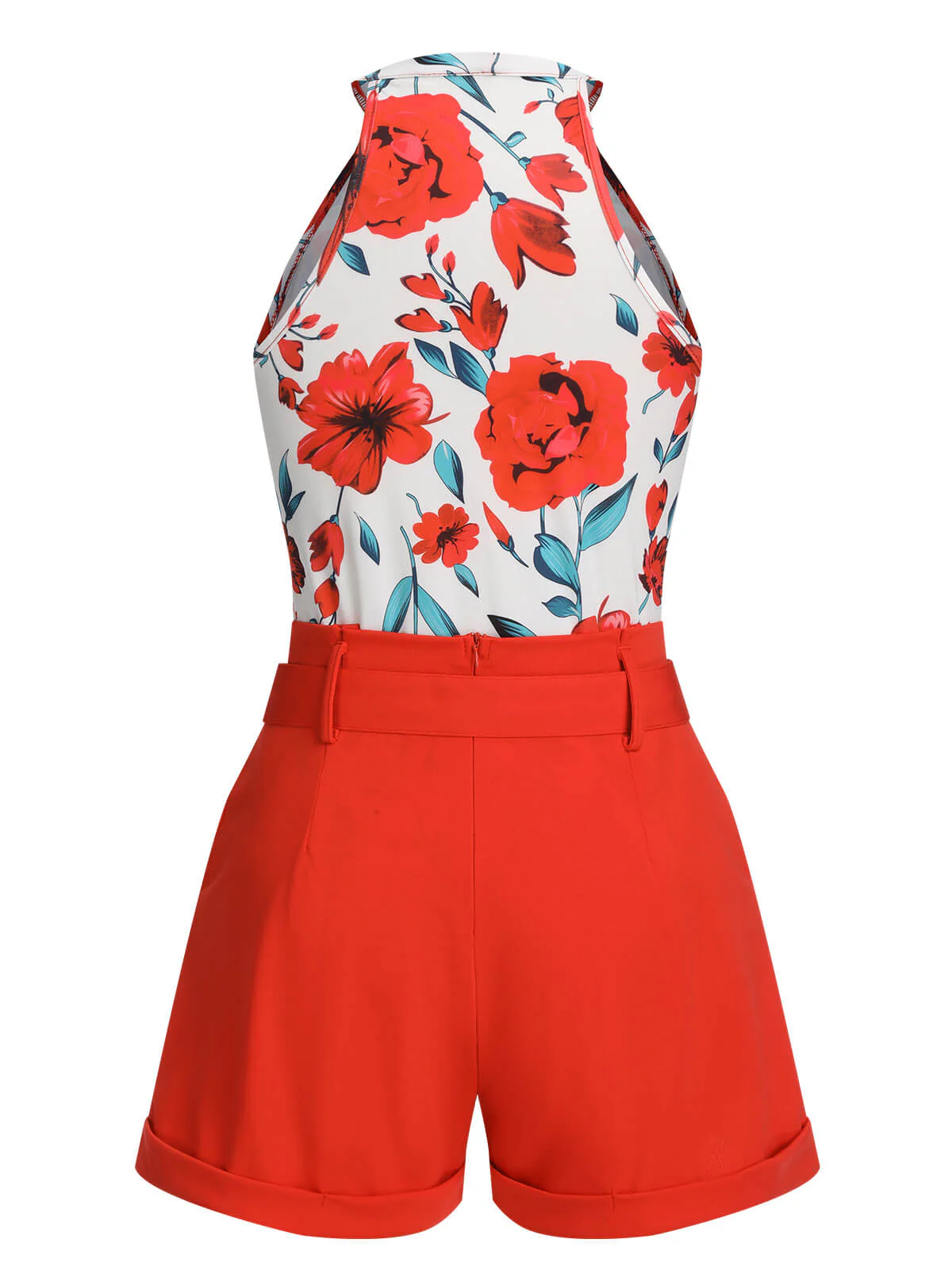 2PCS 1970s Floral Crewl Halter Top & Shorts With Belt - Image 4