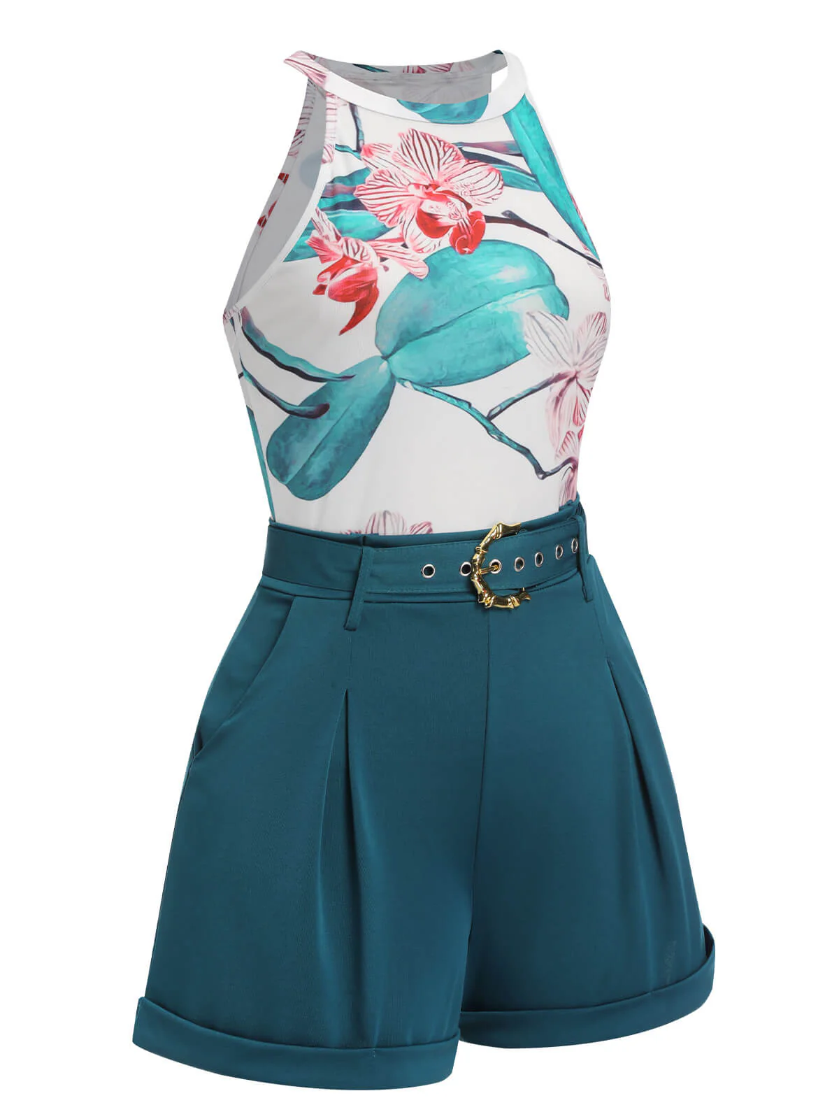2PCS 1970s Floral Crewl Halter Top & Shorts With Belt - Image 9