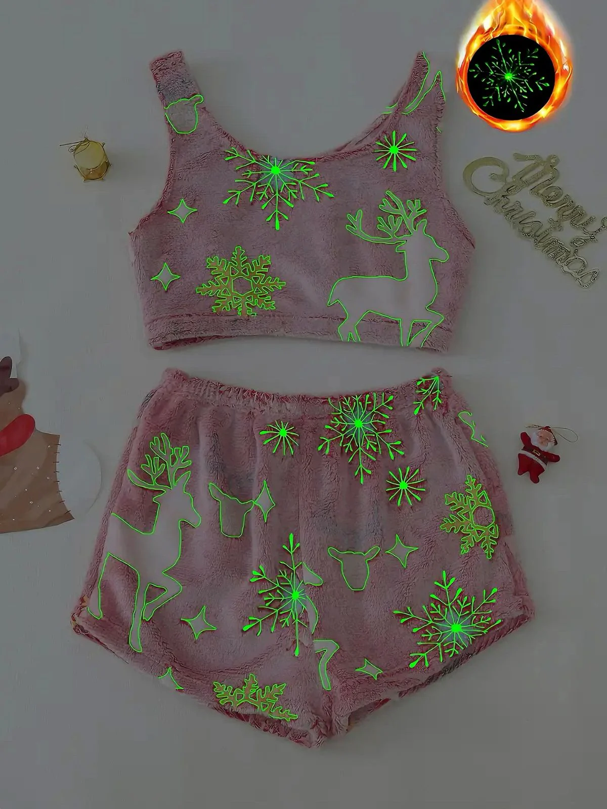 2PCS 1970s Glowing Colorful Print Flannel Pajama Set - Image 2