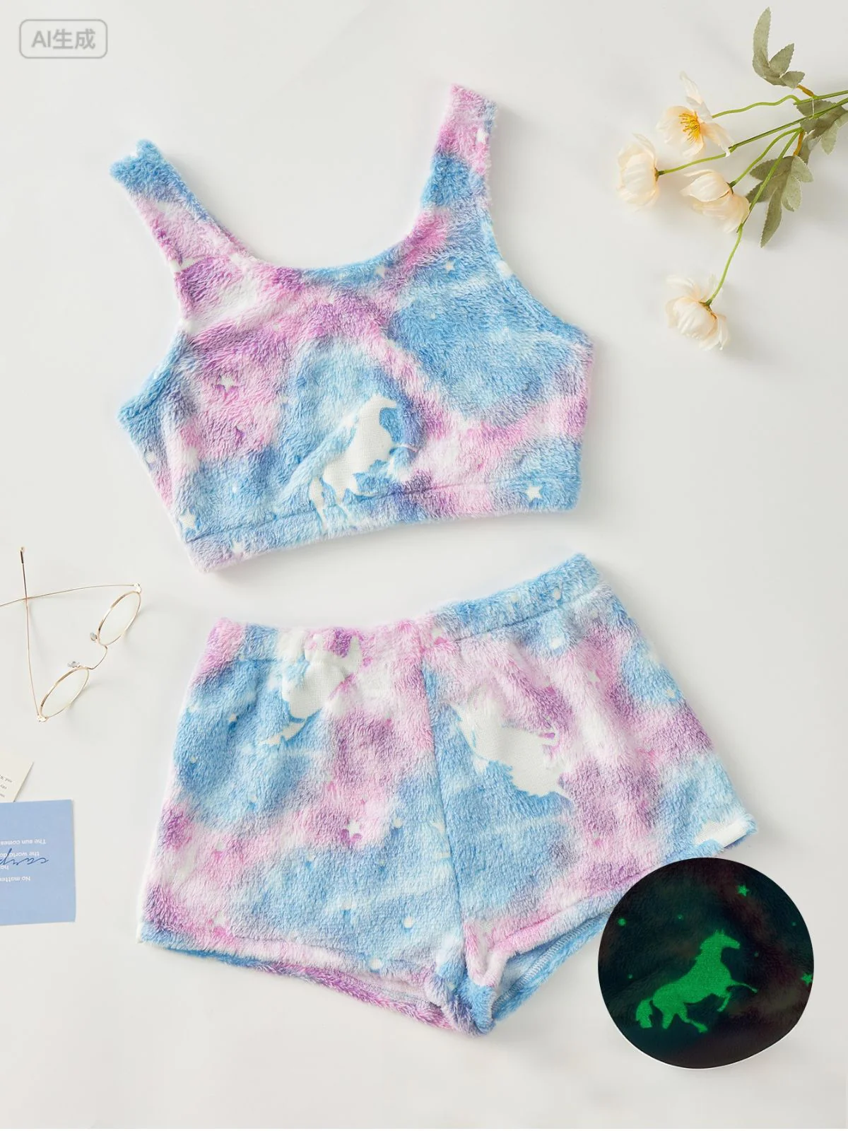 2PCS 1970s Glowing Colorful Print Flannel Pajama Set - Image 7