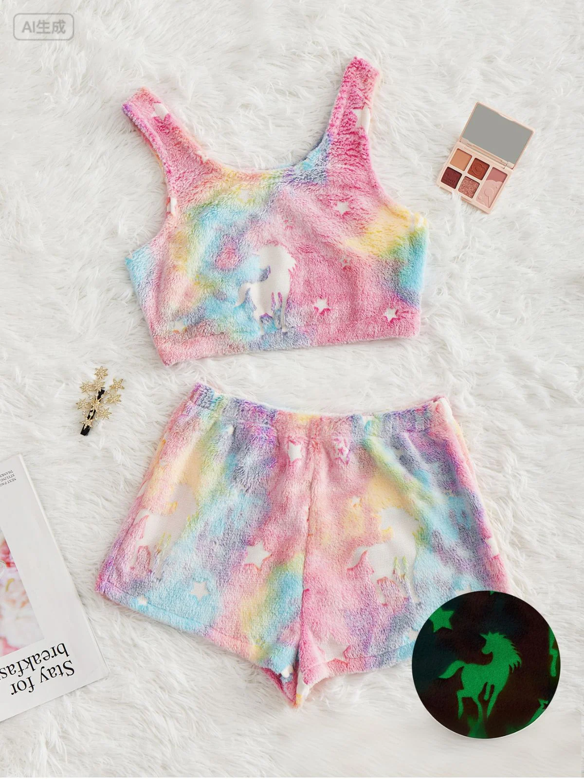 2PCS 1970s Glowing Colorful Print Flannel Pajama Set - Image 8