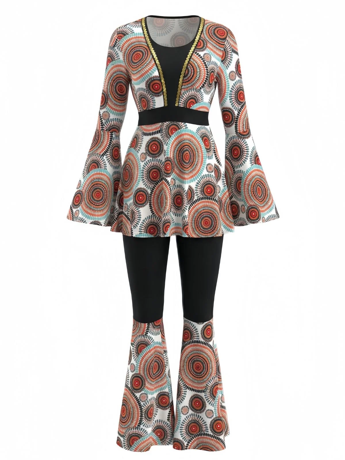 2PCS 1970s Hippie Bell Sleeve Top & Flare Pants - Image 2