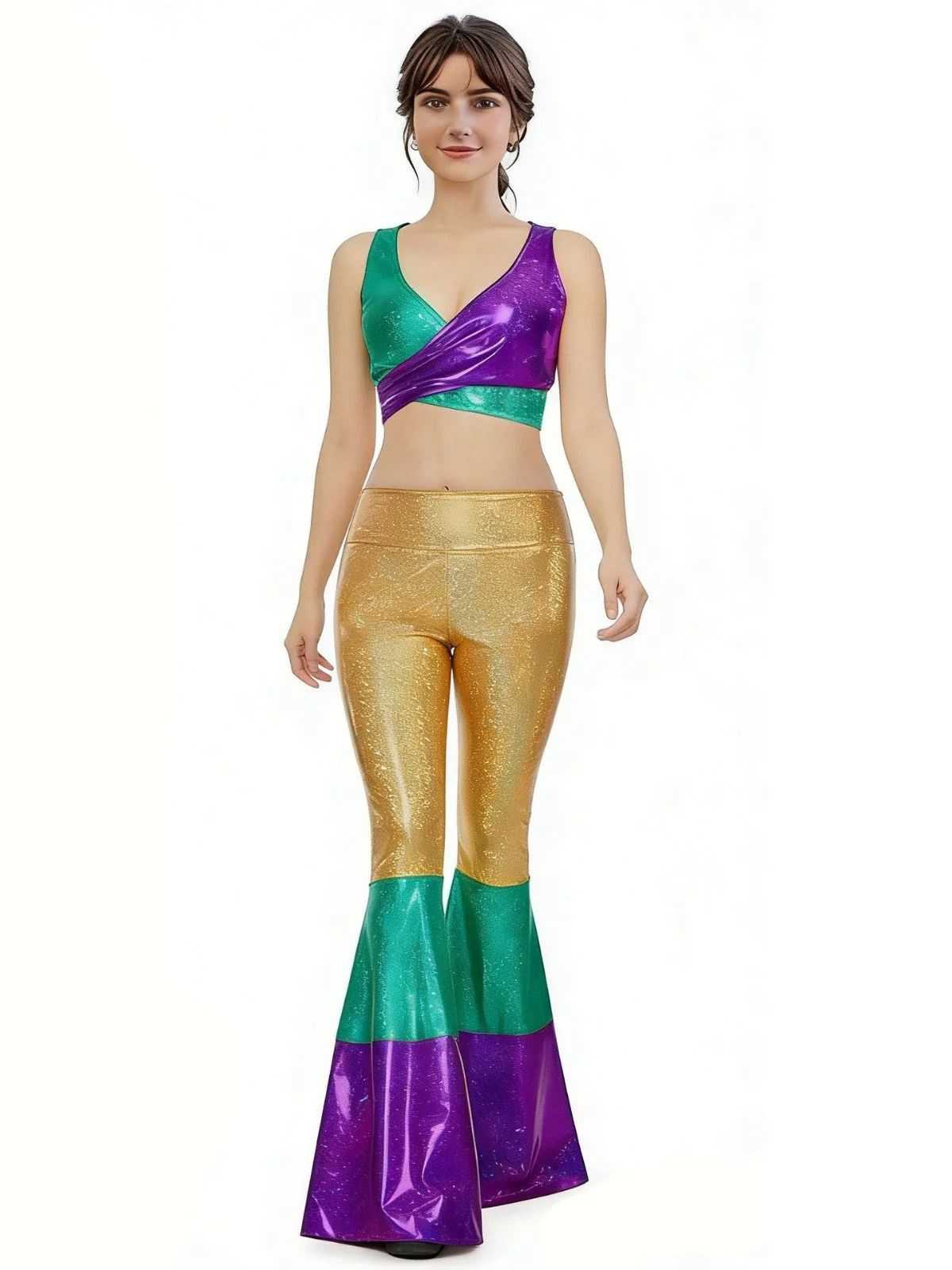 2PCS 1970s Metallic Crop Top & Flare Pants - Image 2