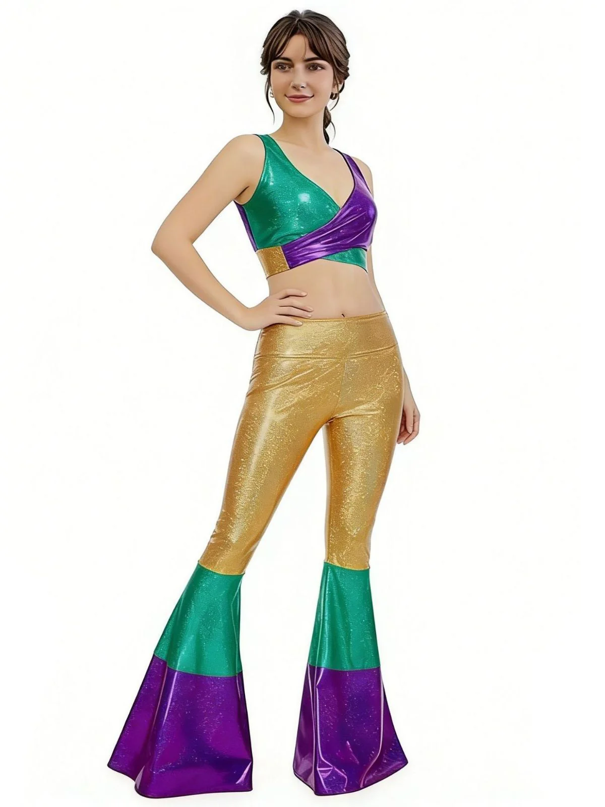 2PCS 1970s Metallic Crop Top & Flare Pants - Image 3