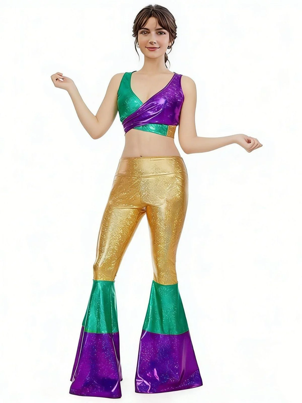 2PCS 1970s Metallic Crop Top & Flare Pants - Image 4