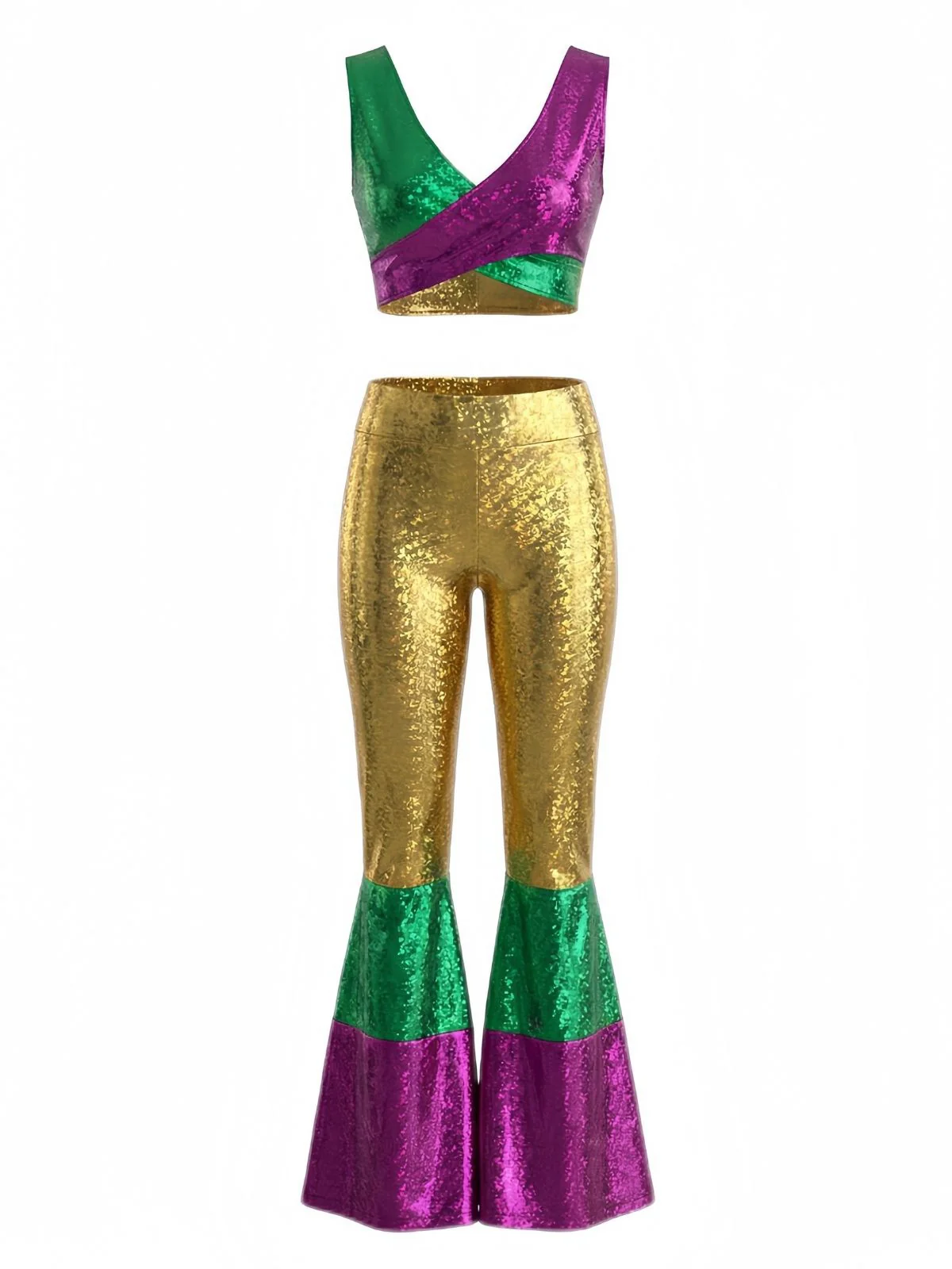 2PCS 1970s Metallic Crop Top & Flare Pants - Image 6