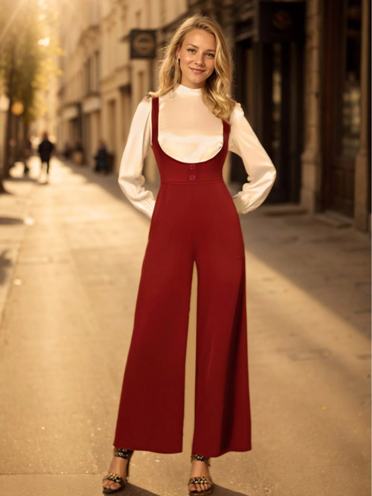 2PCS 1970s Satin High Neck Blouse & Suspender Pants - Image 2