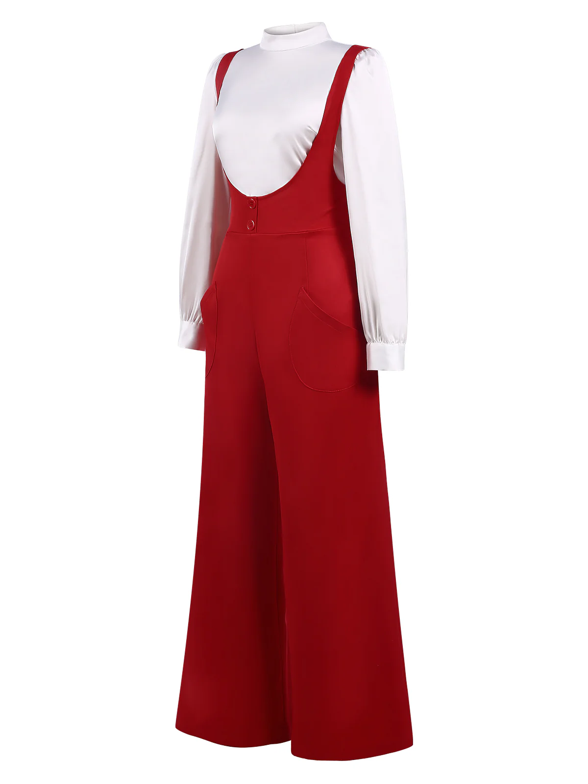 2PCS 1970s Satin High Neck Blouse & Suspender Pants - Image 3
