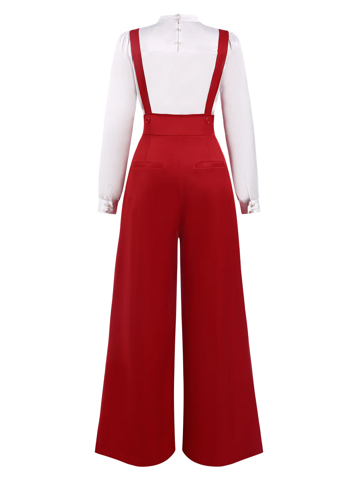 2PCS 1970s Satin High Neck Blouse & Suspender Pants - Image 4