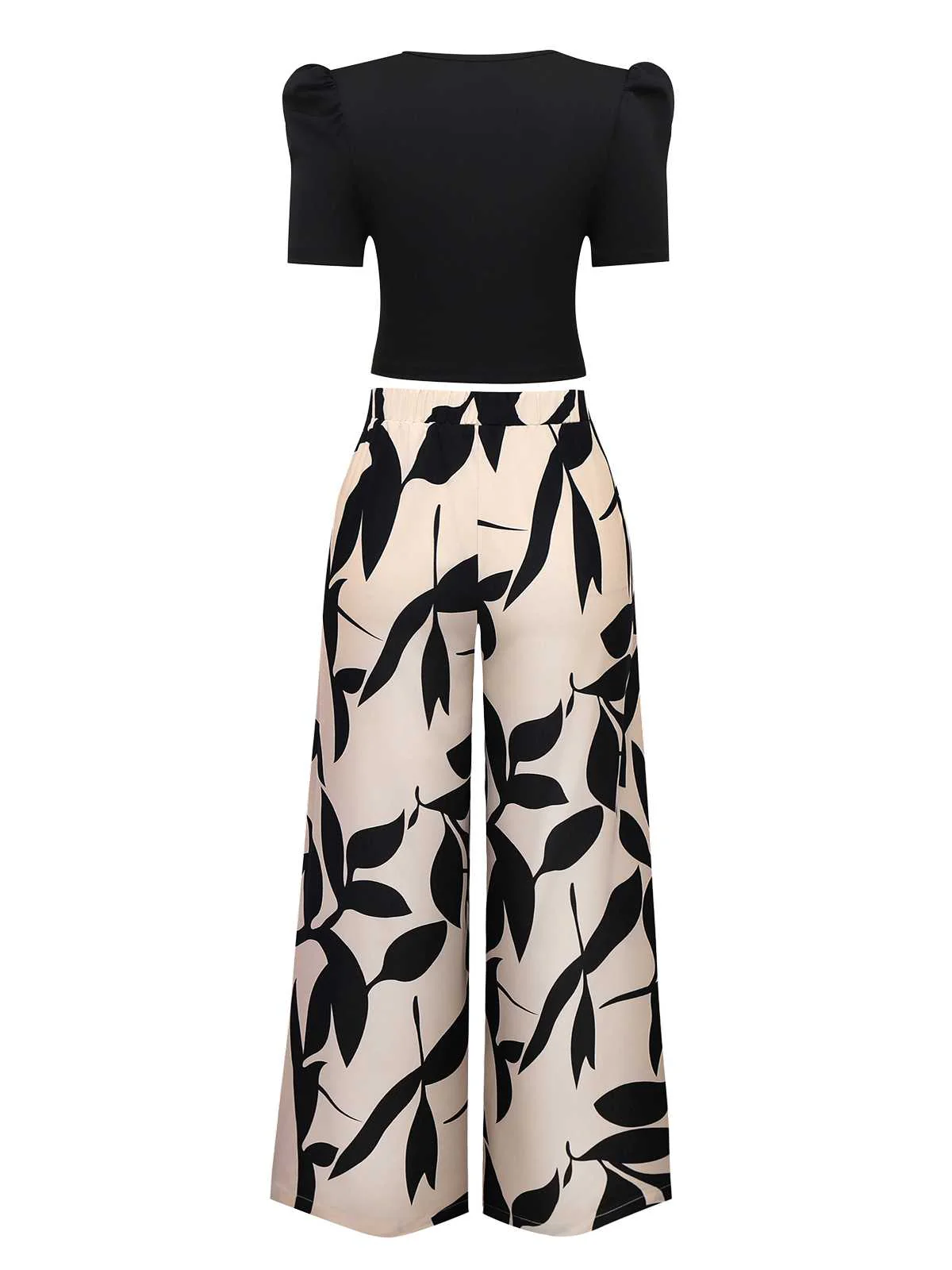 2PCS 1970s Solid Top& Leaf Print Pants - Image 2