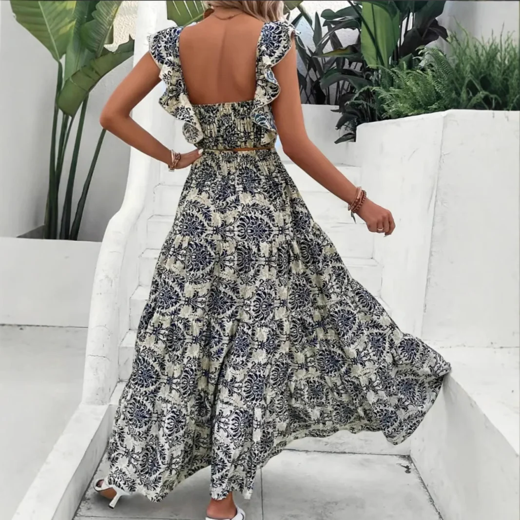 2PCS 1970s Square-Neck Floral Flutter Sleeve Top & Maxi Skirt - Image 2