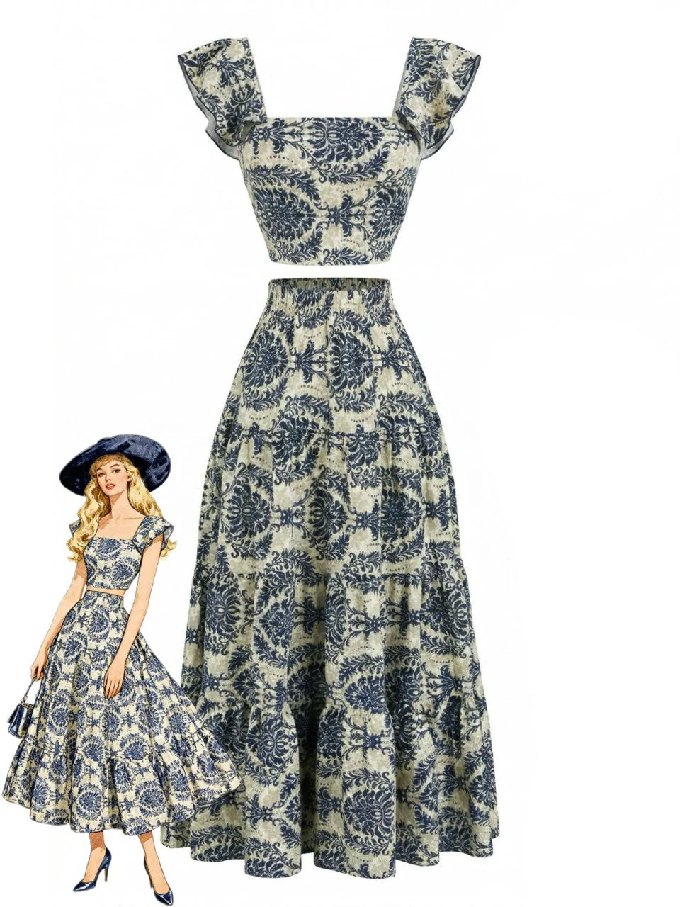 2PCS 1970s Square-Neck Floral Flutter Sleeve Top & Maxi Skirt - Image 3