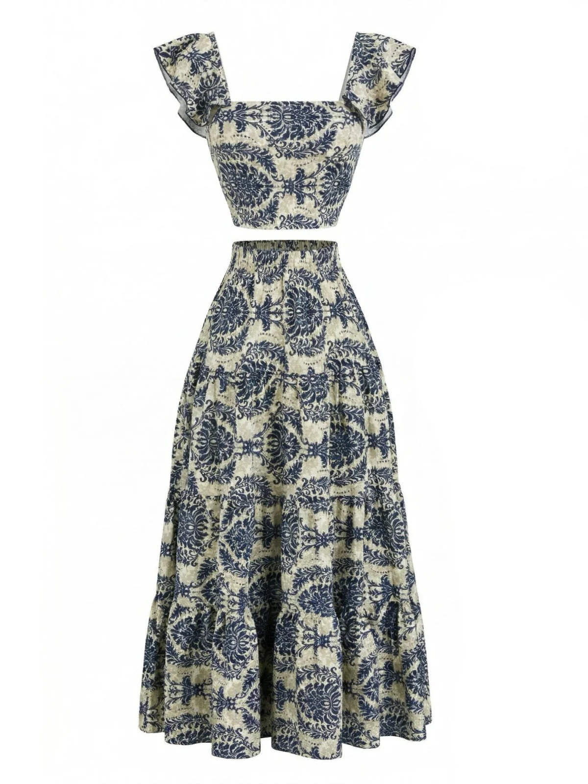 2PCS 1970s Square-Neck Floral Flutter Sleeve Top & Maxi Skirt - Image 4