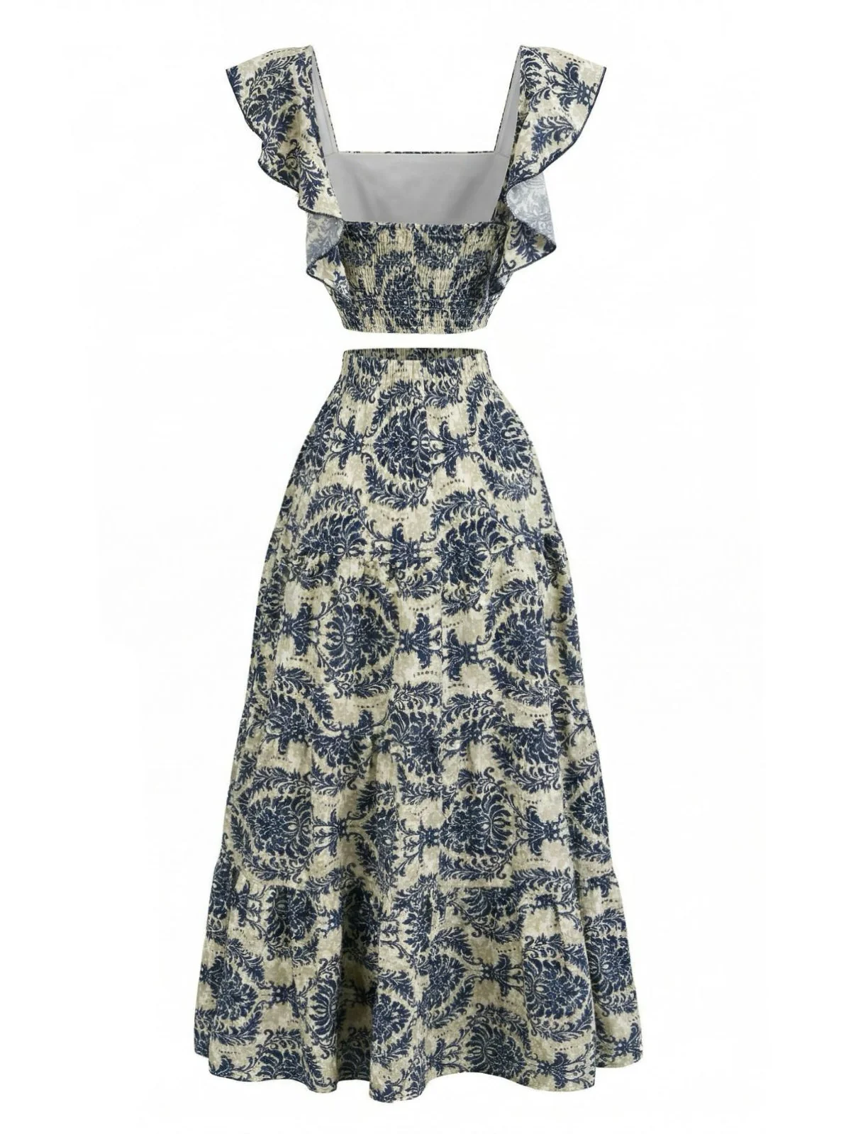 2PCS 1970s Square-Neck Floral Flutter Sleeve Top & Maxi Skirt - Image 5