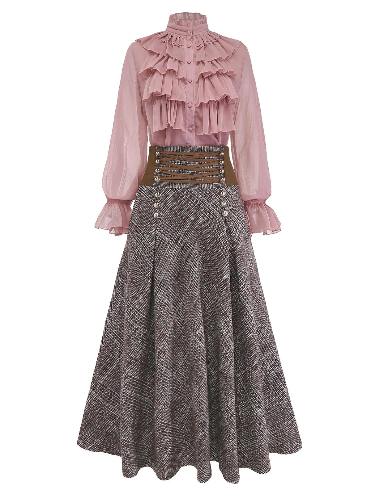 2PCS 1980s Chiffon Ruffled High-Neck Blouse &  Lace-Up Plaid Skirt - Image 2
