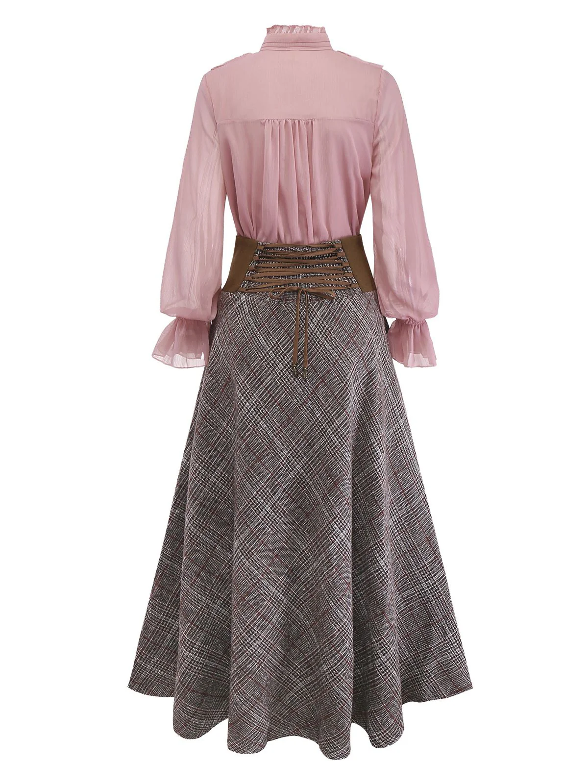 2PCS 1980s Chiffon Ruffled High-Neck Blouse &  Lace-Up Plaid Skirt - Image 3