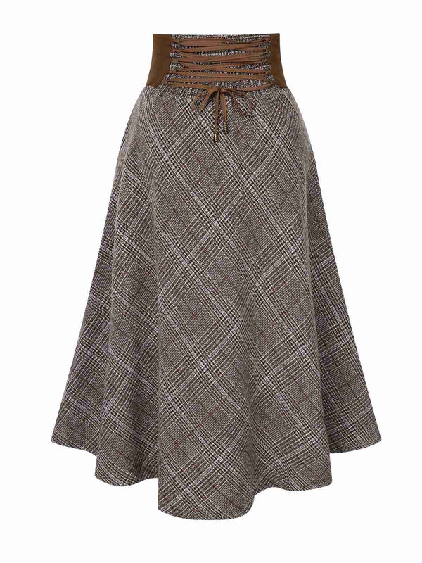 2PCS 1980s Chiffon Ruffled High-Neck Blouse &  Lace-Up Plaid Skirt - Image 6
