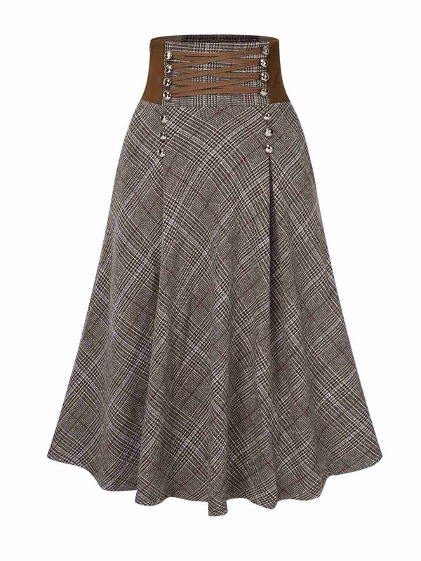2PCS 1980s Chiffon Ruffled High-Neck Blouse &  Lace-Up Plaid Skirt - Image 7