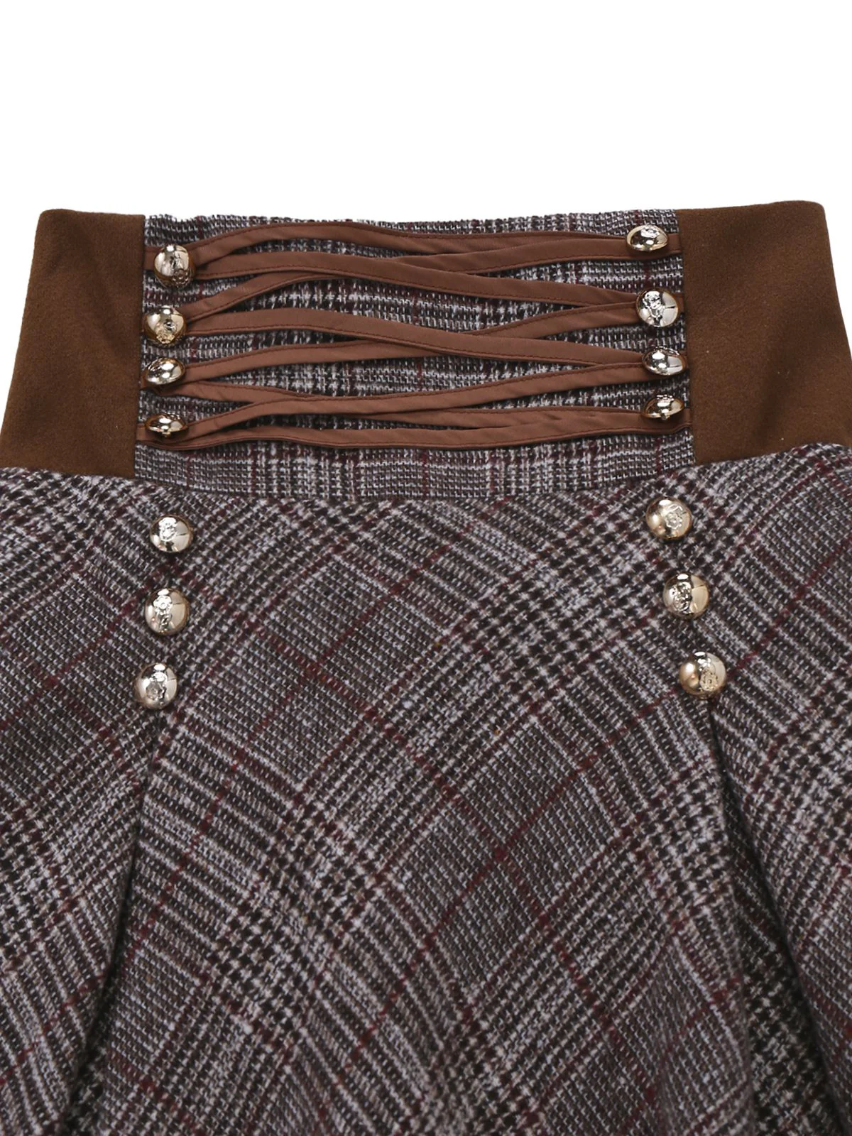 2PCS 1980s Chiffon Ruffled High-Neck Blouse &  Lace-Up Plaid Skirt - Image 9