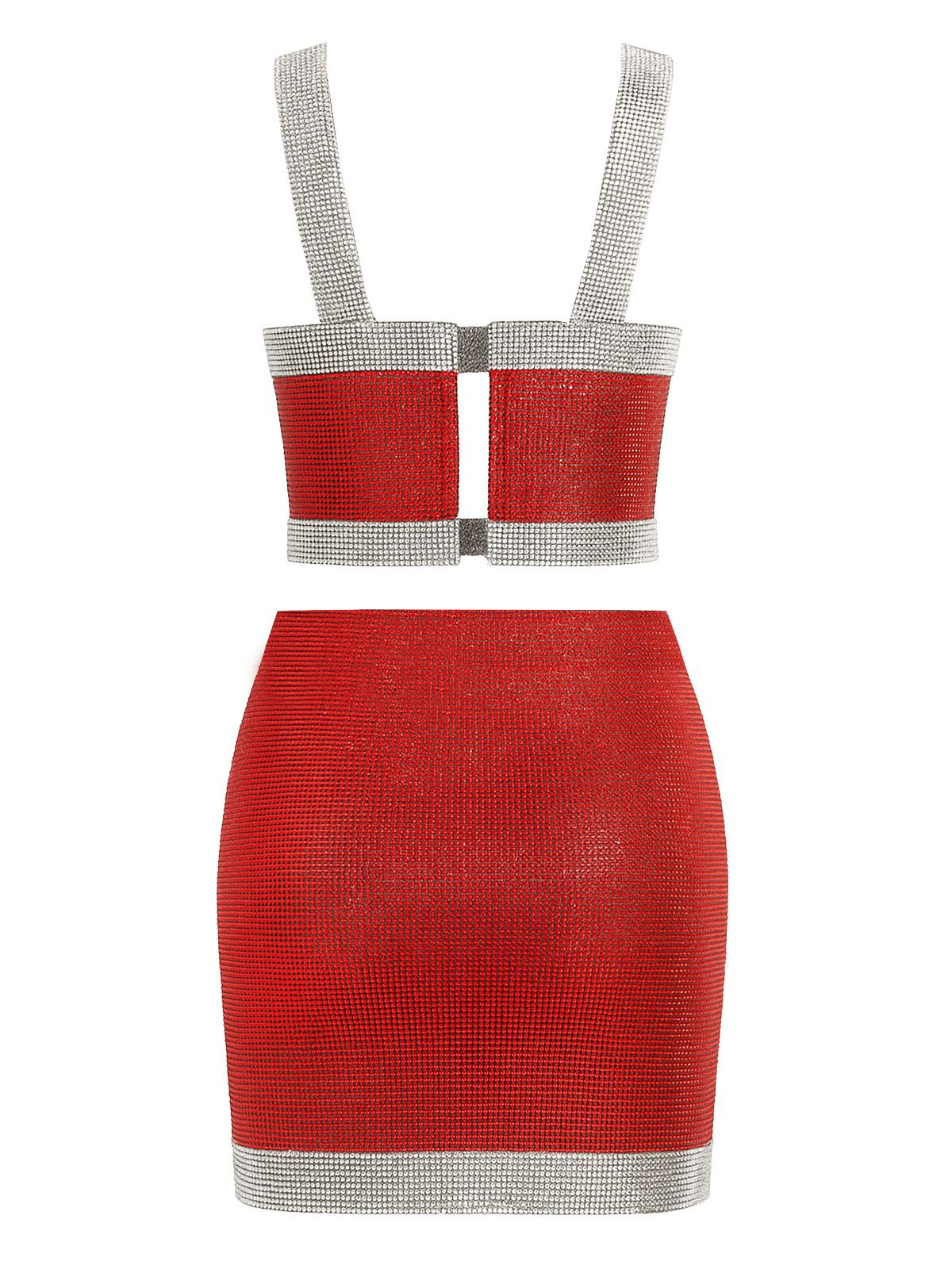 2PCS 1980s Metallic Cross Neck Top & Skirt - Image 3