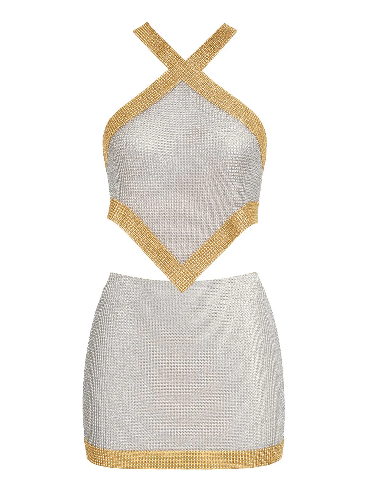2PCS 1980s Metallic Cross Neck Top & Skirt - Image 8